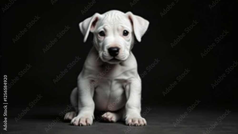 Fototapeta premium A striking monochrome portrait of a Dogo Argentino puppy, its white fur contrasting against a dramatic dark background. Its strong yet innocent expression exudes elegance and artistic depth.