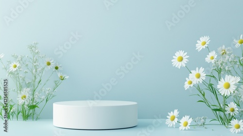 Product Display with Daisies: A clean and minimalist product display featuring a round, white podium adorned with delicate white daisies on a soft blue background.