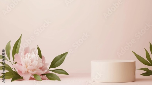 Fototapeta Naklejka Na Ścianę i Meble -  Pink Peony Podium: A soft pink backdrop sets the stage for a simple, elegant composition: a white cylindrical podium with a delicate pink peony and lush green leaves, ready to showcase your product.