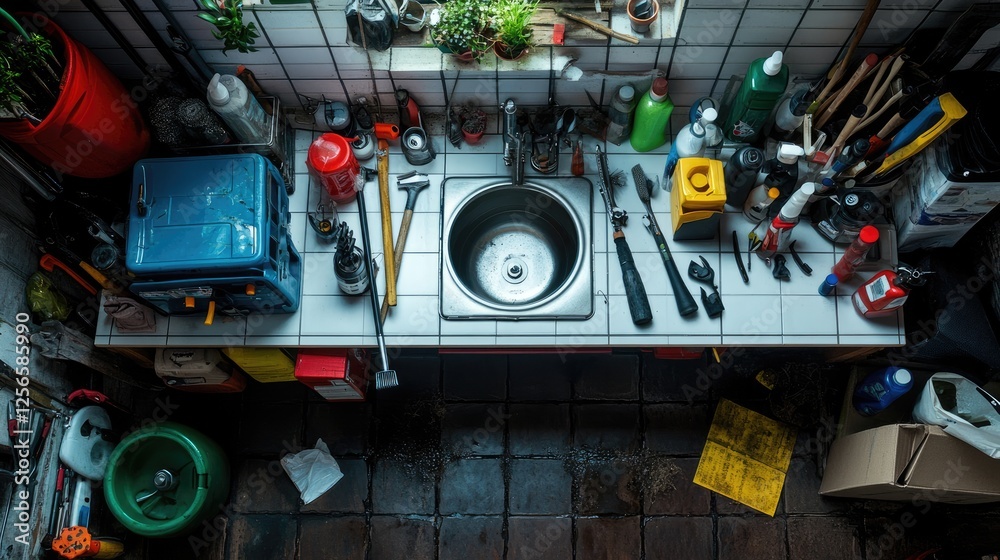 A top-down view of a workbench with a steel drain auger and other cleaning tools. A top-down view of a workbench with a steel drain auger and other cleaning tools.
