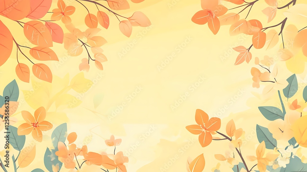 Autumnal Floral Border Design Pastel Yellow Background Autumnal Floral Border Design Pastel Yellow Background