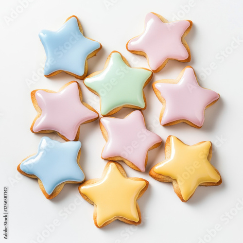 A collection of star-shaped cookies with pastel-colored icing arranged on a white background, perfect for a whimsical and colorful dessert display.