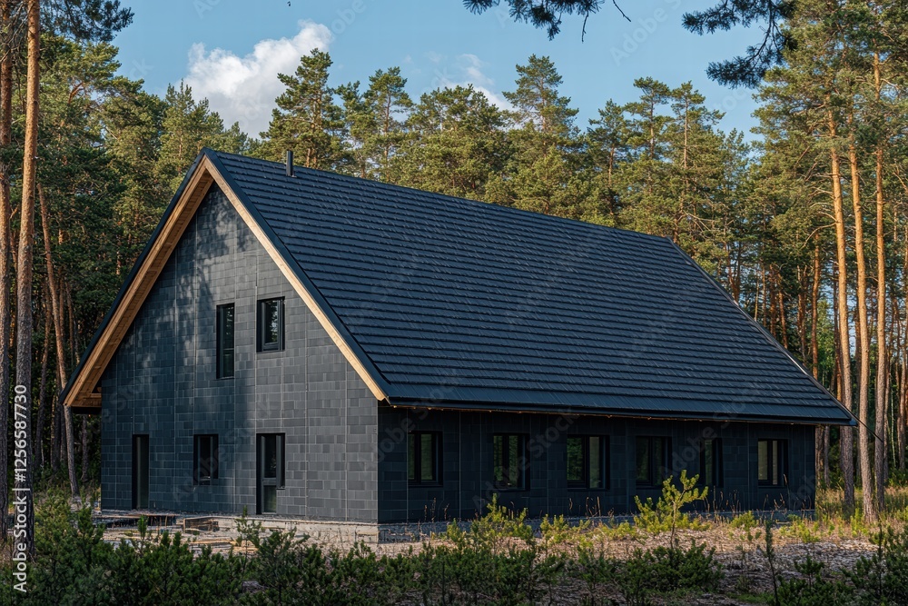 Obraz premium New building with dark gray tiles nestled among tall trees in a serene forest setting