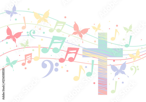 Colorful christian cross with music notes. Religion themed bright colorful background for gospel church music, choir singing, concert, festival, Christianity, prayer. Design with music notes, cross