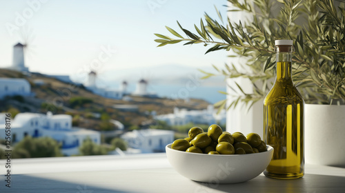 Green olives in a white bowl and olive oil on a Mediterranean island landscape background