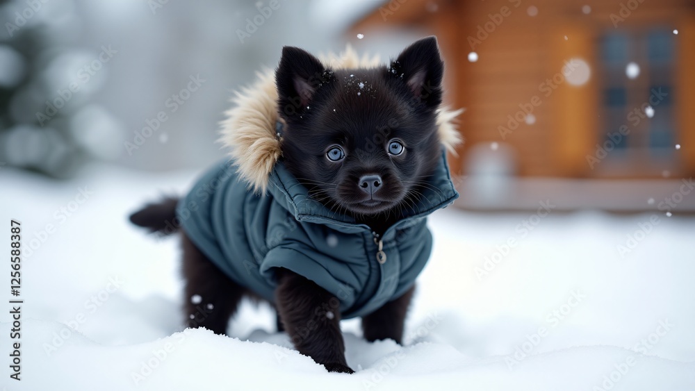 A Schipperke puppy stands in fresh snow, wrapped in a stylish winter jacket. Its bright eyes and perky ears radiate curiosity, while the snowy background adds warmth and seasonal charm. A Schipperke puppy stands in fresh snow, wrapped in a stylish winter jacket. Its bright eyes and perky ears radiate curiosity, while the snowy background adds warmth and seasonal charm.