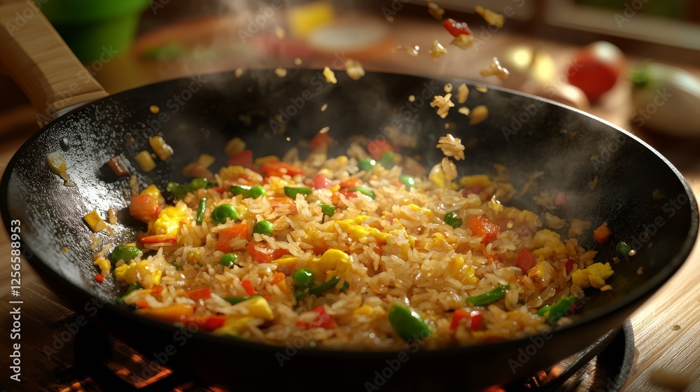 Fried rice in a wok. Featuring a colorful dish of fried rice. Highlighting the flavors and textures of Asian cuisine. Ideal for culinary and food visuals. Fried rice in a wok. Featuring a colorful dish of fried rice. Highlighting the flavors and textures of Asian cuisine. Ideal for culinary and food visuals.