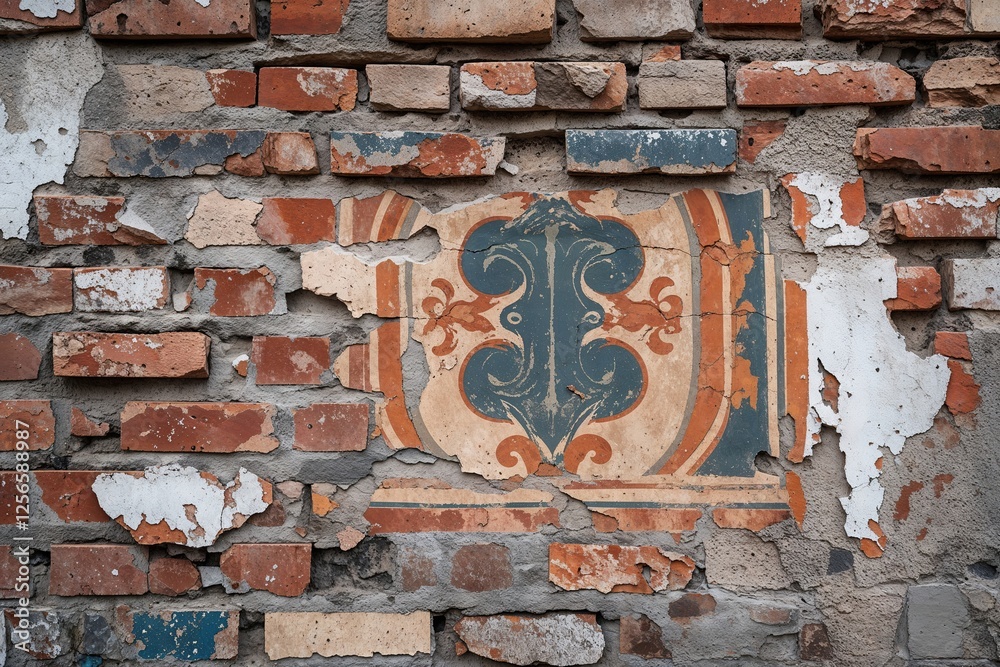 Weathered Brick Texture and Chipped Mural Designs on Rustic Wall Surface Weathered Brick Texture and Chipped Mural Designs on Rustic Wall Surface