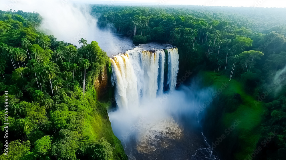 Fototapeta premium Water cascades down the waterfall surrounded by vibrant green rainforest. The lush landscape creates a serene environment reflecting nature's beauty. A dynamic setting teeming with life