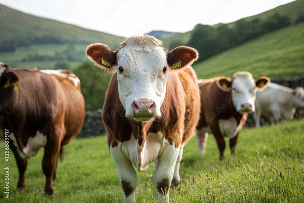 Cows grazing peacefully on a lush green pasture during a sunny summer afternoon Cows grazing peacefully on a lush green pasture during a sunny summer afternoon