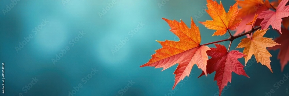 Autumn branch with vibrant orange leaves against a muted blue background , colorful, branches Autumn branch with vibrant orange leaves against a muted blue background , colorful, branches