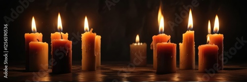 dramatic burning candles cast eerie shadows on the dark background, moody, shadow, flame