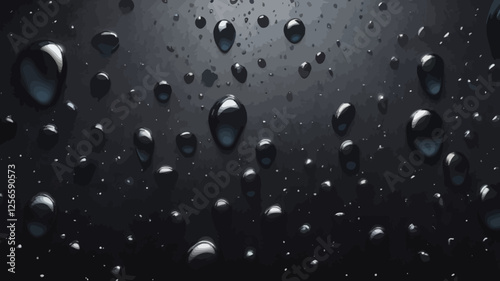 Water Droplets on Dark Surface: Abstract close-up of glistening water droplets scattered on a dark, smooth surface. The droplets reflect light.