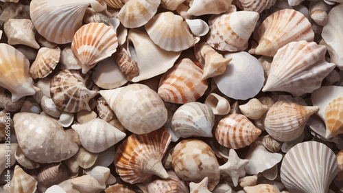 Seashells Collection: An assortment of seashells, each with unique shapes, textures, and colors, lies scattered on the sandy beach.
