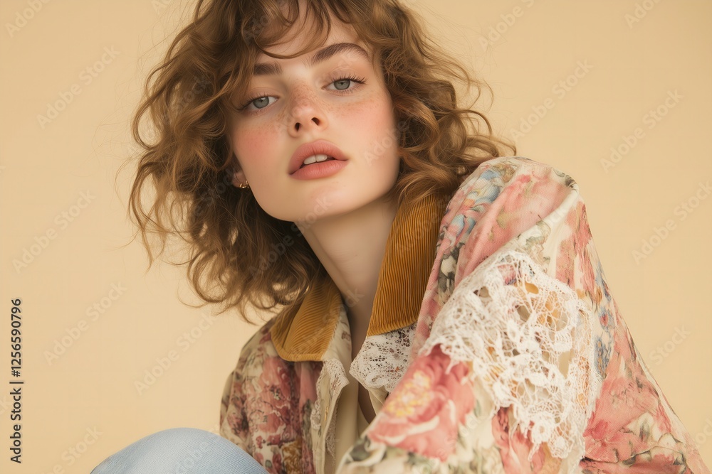 .Romantic Floral Tapestry Jacket with Lace Sleeves – The woman has soft, voluminous curls and striking features, with a relaxed, dreamy expression .Romantic Floral Tapestry Jacket with Lace Sleeves – The woman has soft, voluminous curls and striking features, with a relaxed, dreamy expression