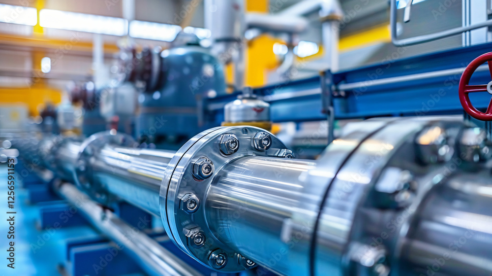 Close-up of chemical production machines, showcasing sleek metallic surfaces and pipes, creating an aura of strength and calmness in the clean environment. Close-up of chemical production machines, showcasing sleek metallic surfaces and pipes, creating an aura of strength and calmness in the clean environment.