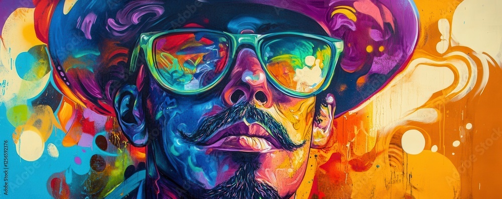 Naklejka premium Colorful artistic portrait of a young male wearing sunglasses and a hat