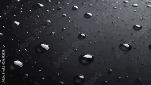 Water Droplets on Surface: Capturing the subtle dance of light and shadow on a sleek, dark surface adorned with glistening water droplets, creating a visual symphony of texture, reflection.
