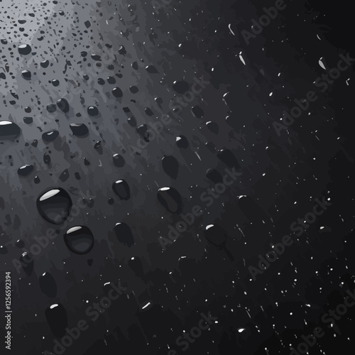 Water Droplets on Dark Surface: Abstract image of water droplets scattered on a dark, sleek surface, reflecting light in a mesmerizing pattern.  
