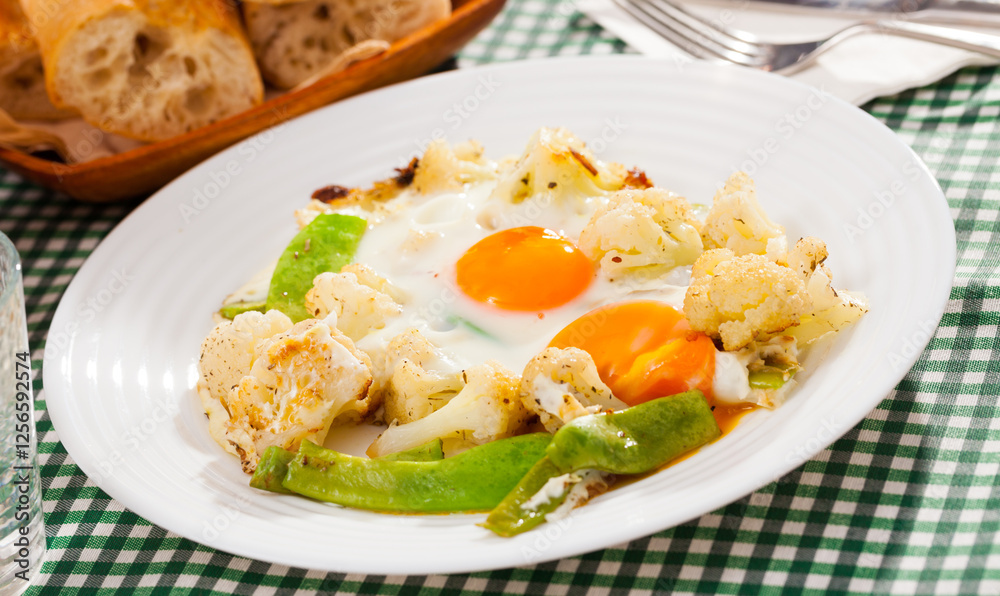 Appetizing cauliflower fried eggs for breakfast. High quality photo Appetizing cauliflower fried eggs for breakfast. High quality photo