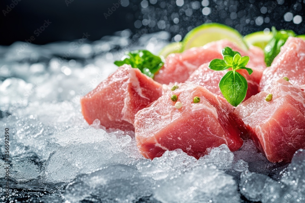 Freshly cut meat displayed on ice with lime and herbs for a vibrant culinary presentation