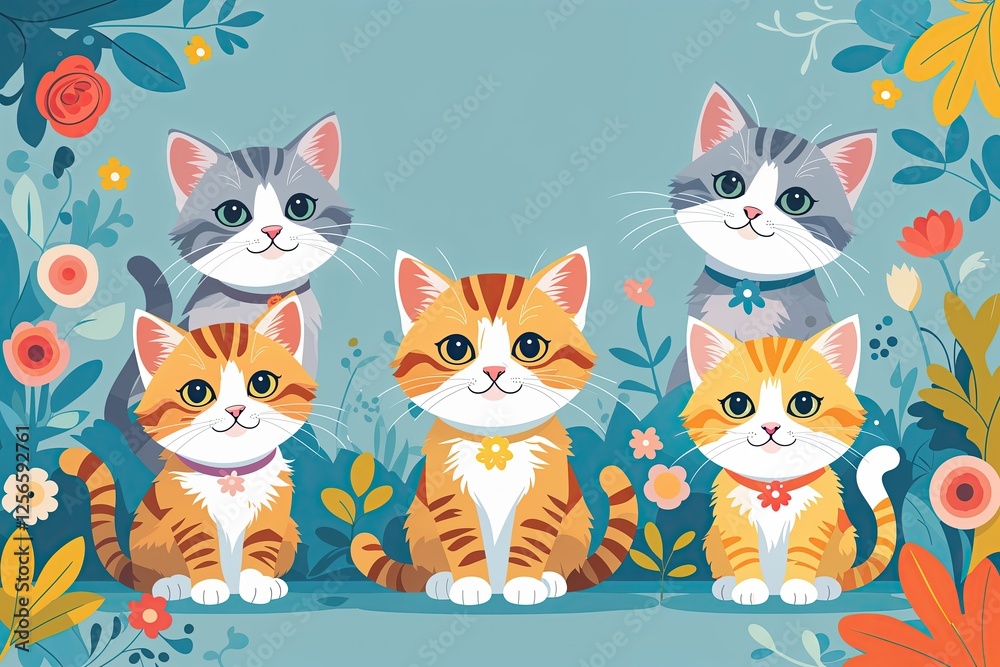 Charming Playful Kittens in Vibrant Flat Illustration Collection