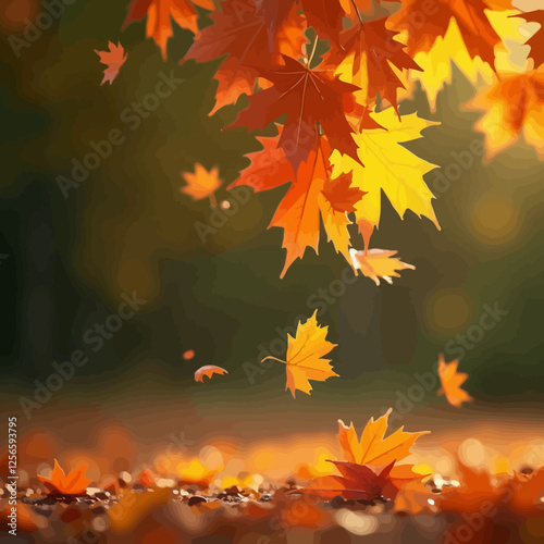 Autumn Leaves: A picturesque scene unfolds as vibrant leaves gently fall to the forest floor, the warm sunlight highlighting the beauty of the season and the change it brings.