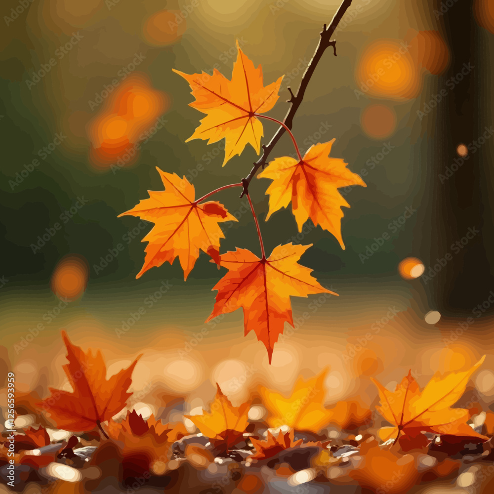Autumn Maple Leaves: Vibrant orange maple leaves on a branch, with falling leaves creating a stunning autumnal scene.