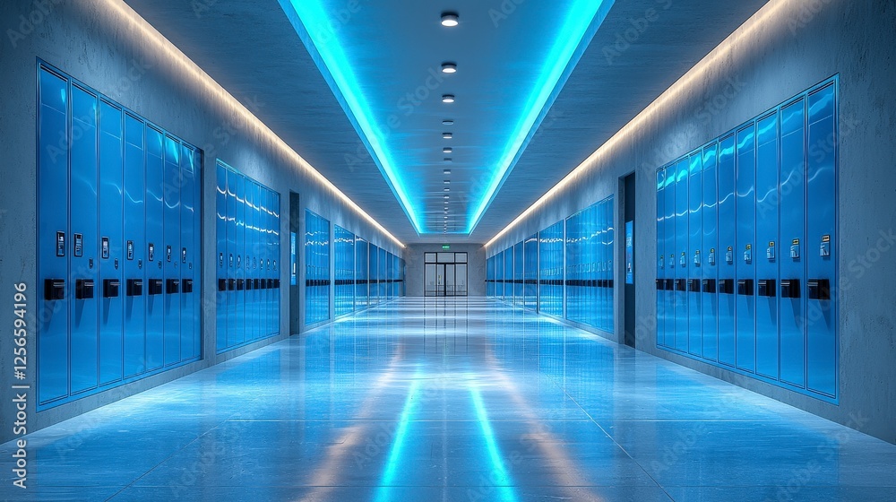 Fototapeta premium This futuristic school corridor with blue accents and modern lockers creates a sleek, high-tech environment that promotes learning and collaboration among students.