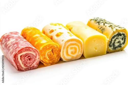 Collection of assorted rolled cheese slices separate photo