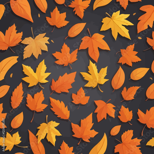 Autumn Leaves Pattern: A vibrant autumnal pattern featuring a seamless design of colorful maple leaves in shades of orange, yellow, and red, scattered on a dark charcoal background.