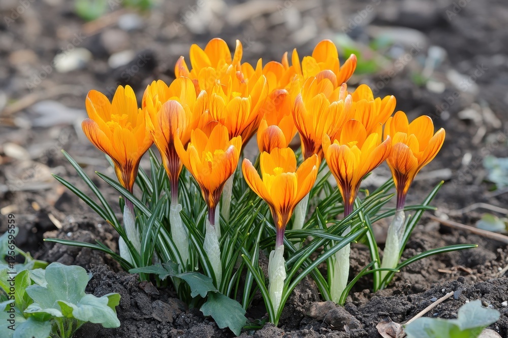 Crocus a genus in the iris family comprises blooming plants It s the garden s first spring flower shown in close up against a blurred backdrop Crocus a genus in the iris family comprises blooming plants It s the garden s first spring flower shown in close up against a blurred backdrop