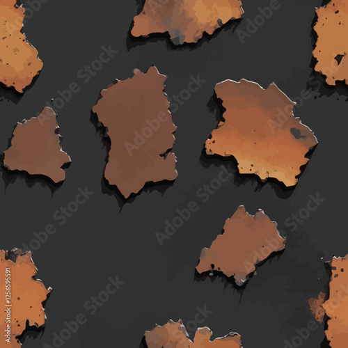 Rustic Patches on Charcoal Canvas: Scattered, weathered, irregular shapes of iron rest on a textured, charcoal background.
