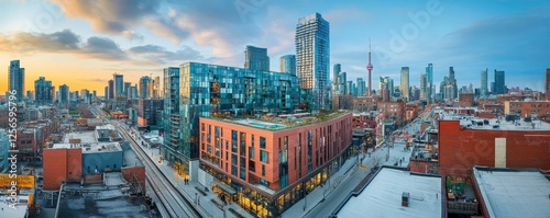 Panoramic view of toronto skyline with modern architecture at sunset