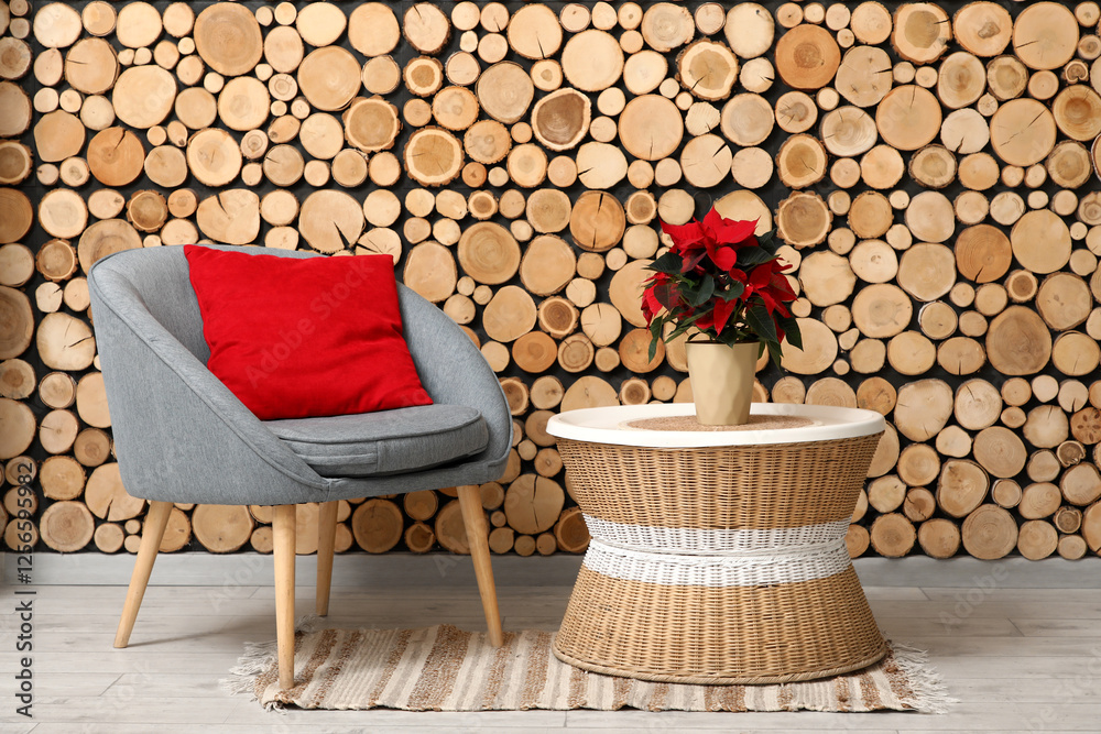 Φωτογραφία Christmas plant poinsettia on table and armchair in living room