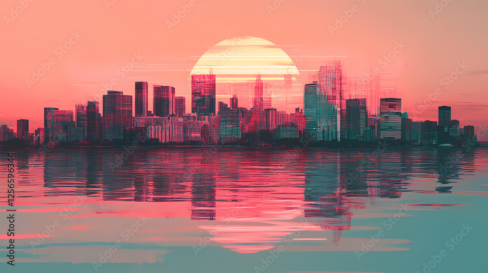 Obraz premium Futuristic cityscape glitching and reflecting on water at sunset in digital artwork, creating a surreal and vibrant scene. Glitching Reality. Illustration