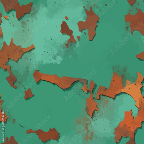 Seamless Rusty Texture: A vibrant and dynamic seamless pattern featuring a captivating interplay of rust-brown shapes scattered across a captivating teal backdrop.