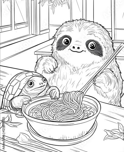a cute sloth and his cute turtle friend are eating ramen in a minimalist Japanese restaurant It is for a coloring book so it has to be only black and white mor