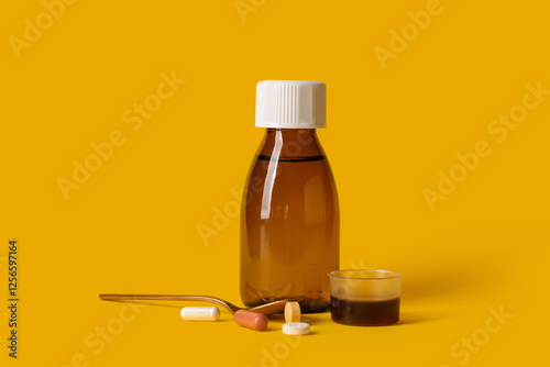 Medicine bottle with syrup,...