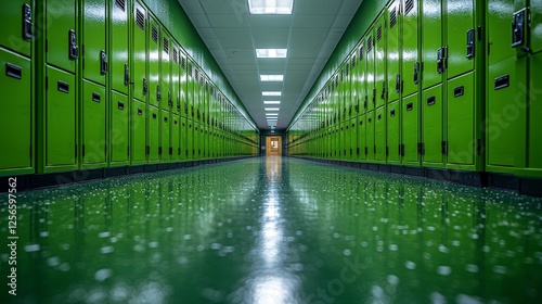 A sleek green school hallway lined with lockers, reflecting bright lights, emphasizing cleanliness and order, creating an organized space for student activities and interactions.