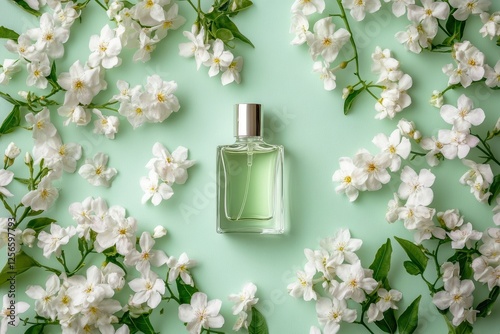 Fragrant bottle nestled among lovely jasmine blossoms on a light green backdrop top view