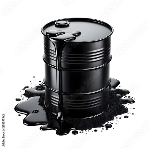 Black oil or petroleum spilled leaking from a black barrel, environmental pollution concept isolate on White background