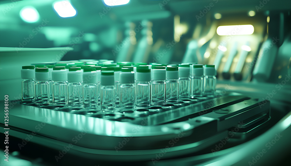 Fototapeta premium Scientific laboratory equipment with rows of glass vials in controlled refrigeration