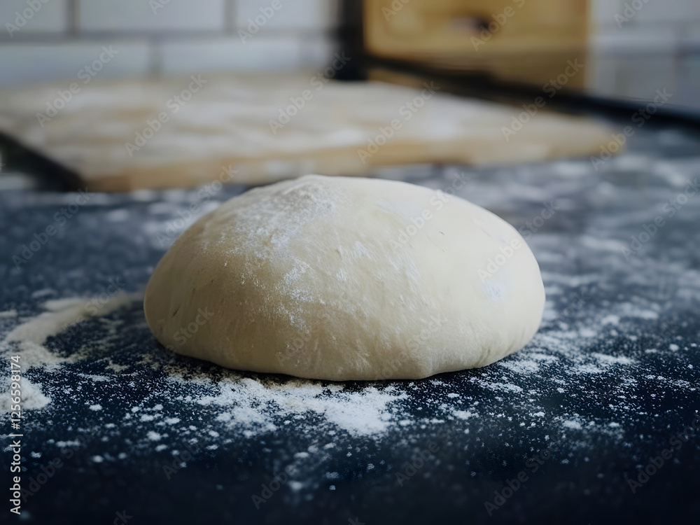 A smooth, round ball of pizza dough sprinkled with flour, resting on a dark work surface. The soft texture and even shape suggest it is ready to be rolled out for baking or further kneading. A smooth, round ball of pizza dough sprinkled with flour, resting on a dark work surface. The soft texture and even shape suggest it is ready to be rolled out for baking or further kneading.