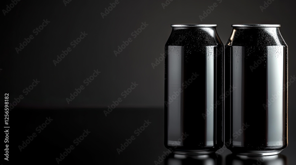 Two Sleek Black Aluminum Beverage Cans on a Dark Reflective Surface Two Sleek Black Aluminum Beverage Cans on a Dark Reflective Surface