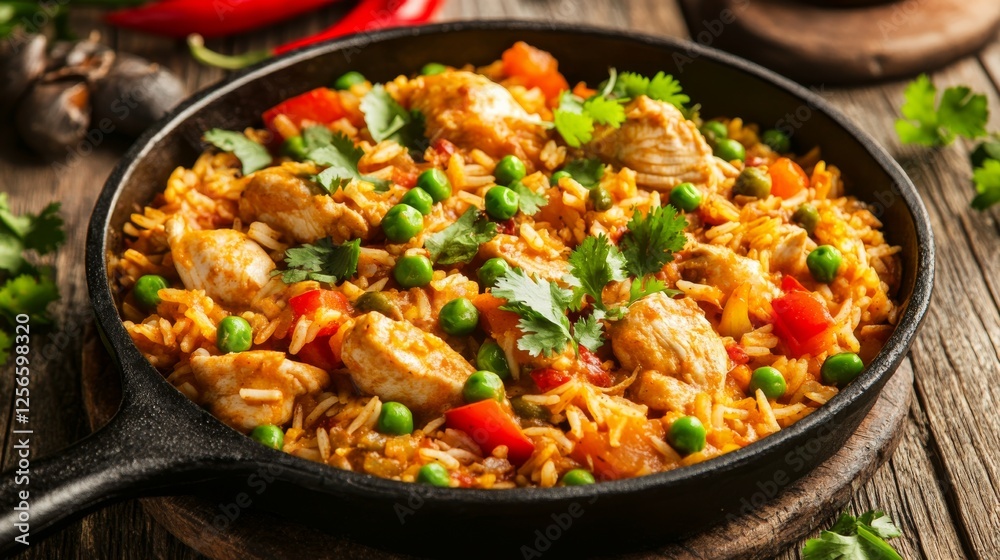 Image of rice and chicken curry with bell peppers and peas in a rustic iron skillet, emphasizing rich and spicy flavors. Ideal for hearty meals and Indian cuisine. Image of rice and chicken curry with bell peppers and peas in a rustic iron skillet, emphasizing rich and spicy flavors. Ideal for hearty meals and Indian cuisine.