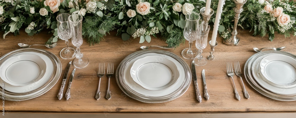 Elegant table setting with floral centerpiece and candle decorations Elegant table setting with floral centerpiece and candle decorations