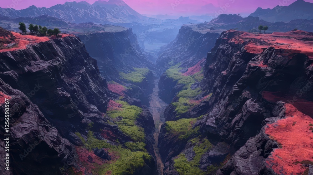 custom made wallpaper toronto digitalA breathtaking canyon landscape featuring vibrant green valleys amidst dramatic rocky cliffs under a colorful sky.