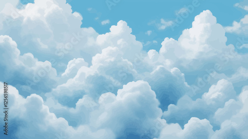 Skyward Symphony: A breathtaking panorama of fluffy, cumulus clouds fills the frame against a serene, cerulean canvas, evoking a sense of peace, freedom, and endless possibility.