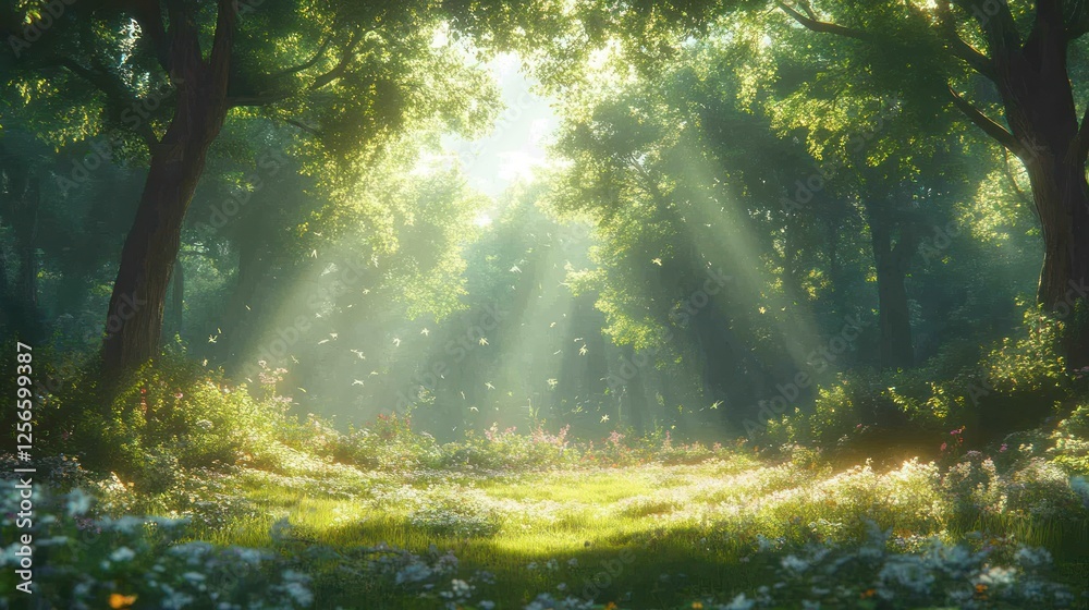 Obraz premium Serene forest scene with sunlight filtering through trees, illuminating a meadow filled with flowers